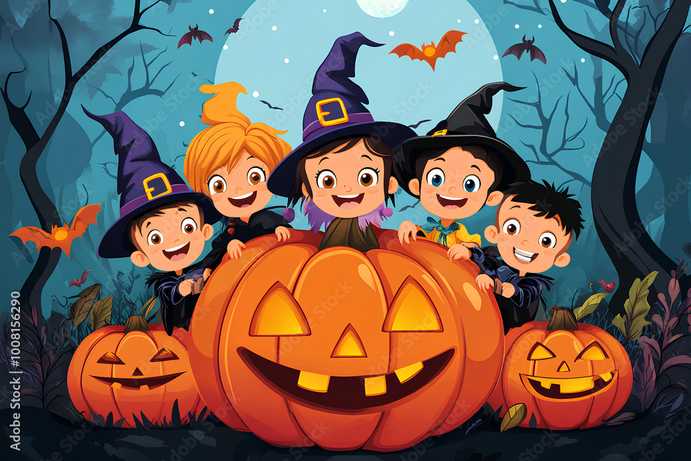 character cartoon Halloween Kids Costume Party. Group of kids in Halloween costume sitting on a giant pumpkin character cartoon Halloween Kids Costume Party. Group of kids in Halloween costume sitting on a giant pumpkin