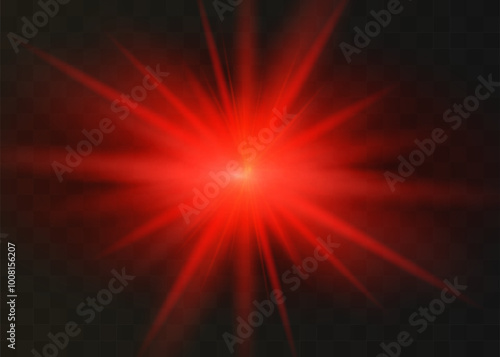 Red light effect reflections, neon illumination in red colors. Bright light lens. Police light effects, lines. Shiny stars, glowing sparks on a black background. Vector