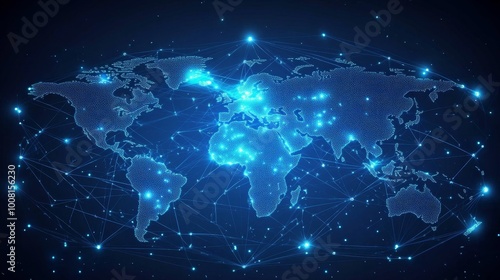 The digital world map on a light blue background displays global network connectivity and technological advancements. Reflect the concept of connecting modern economies through generative AI.