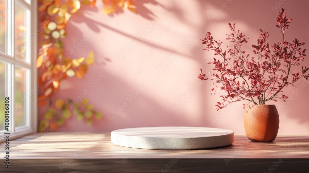 Simplified autumn themed background, using soft pink and warm tones, desktop for displaying models, all items placed on the edges to highlight the focus of the central space. Simplified autumn themed background, using soft pink and warm tones, desktop for displaying models, all items placed on the edges to highlight the focus of the central space.