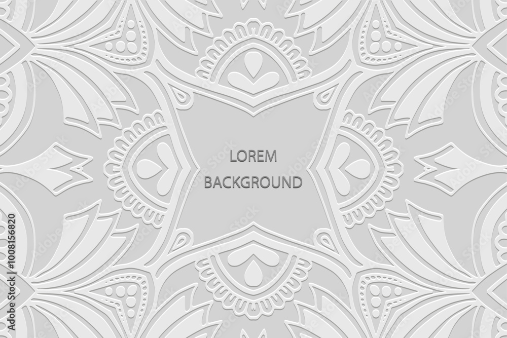 White lorem background, tribal cover design, banner. Geometric ethnic artistic 3D pattern. Ornaments, arabesques, mandala of the East, Asia, India, Mexico, Aztec, Peru. Embossing, place for text.