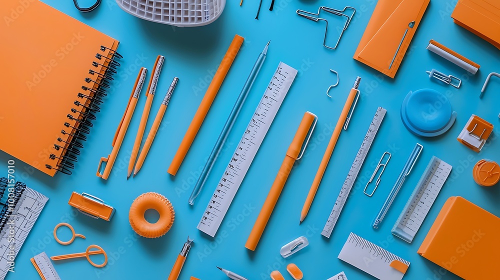 Orange and Blue School Supplies on a Blue Background Orange and Blue School Supplies on a Blue Background