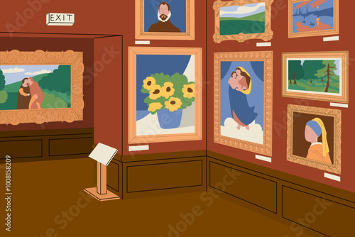Art museum with paintings of artists in golden ornamented frames. World cultural heritage. Exhibition hall interior. Vector illustration.