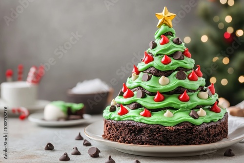 Festive christmas tree cake on holiday table