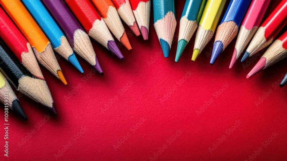 Colorful pencils on vibrant red background Colorful pencils on vibrant red background