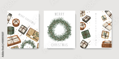 Christmas cards, invitation. Presents in kraft paper and wreaths. Rustic gift box. Eco decoration. Xmas and New Year celebration preparation. Vector flat cartoon style