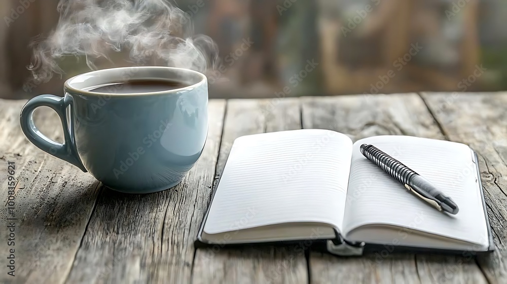 Steaming Cup of Coffee Open Notebook and Pen on Wooden Table Steaming Cup of Coffee Open Notebook and Pen on Wooden Table