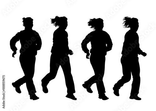 Young athletes run a marathon. Isolated silhouettes on white background