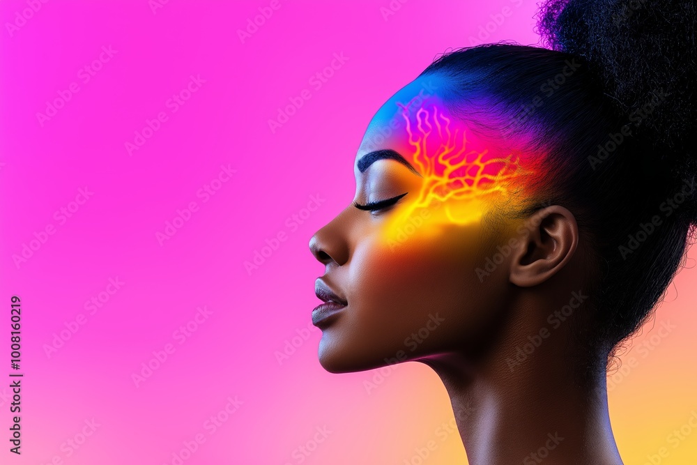 Woman with a colorful face. face is on a pink background. Silhouette of head with glowing neural connections. Spiritual connection with other world. Trance hypnosis concept. Process of human thinking. Woman with a colorful face. face is on a pink background. Silhouette of head with glowing neural connections. Spiritual connection with other world. Trance hypnosis concept. Process of human thinking.