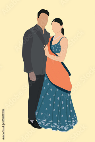 Indian wedding couple illustration for save the date, wedding invitation and e-invite cards