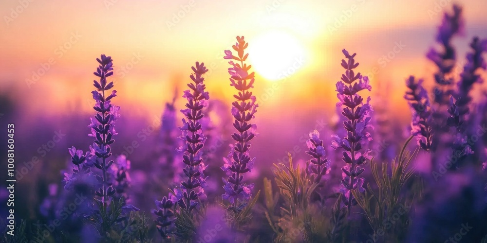 Naklejka premium Close-up of purple flowers growing on field during sunset.