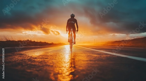 Cyclist Riding on an Open Road During Sunset, Outdoor Adventure