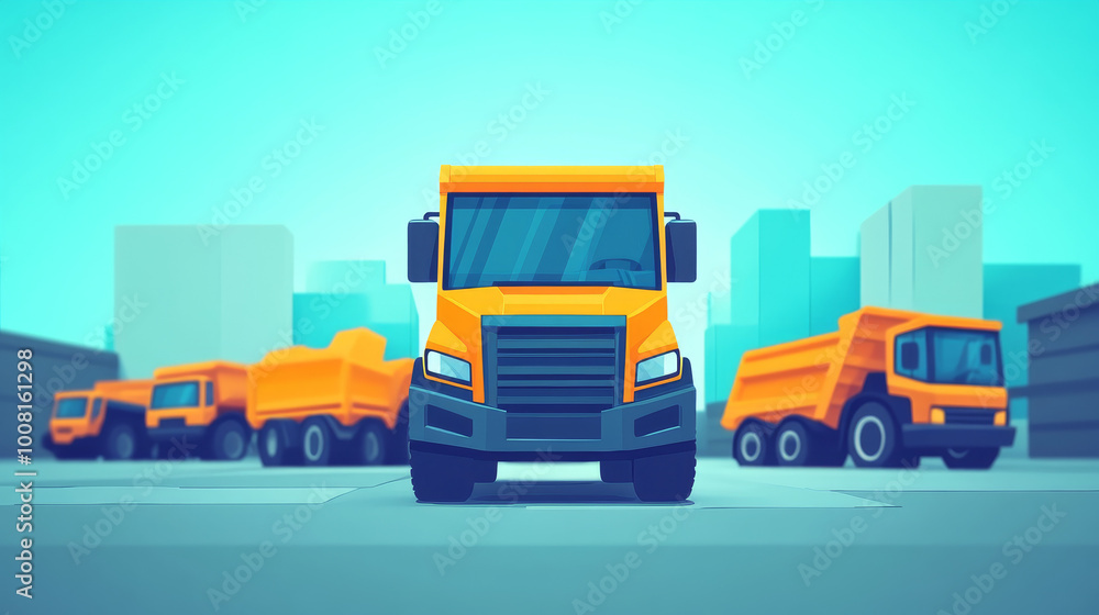 A yellow dump truck is parked in front of a city background. A yellow dump truck is parked in front of a city background.