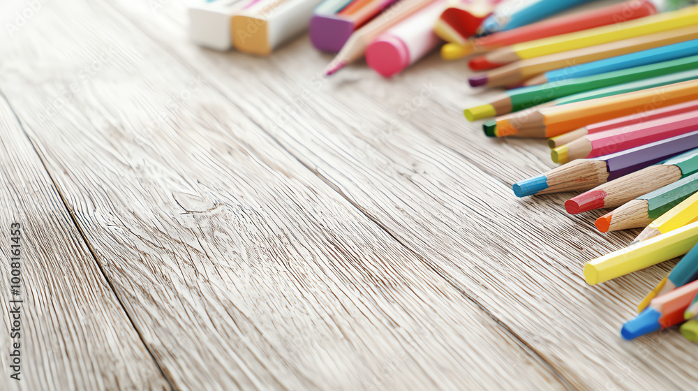 Colorful art supplies neatly arranged on a wooden desk, perfect for creative projects. Colorful art supplies neatly arranged on a wooden desk, perfect for creative projects.