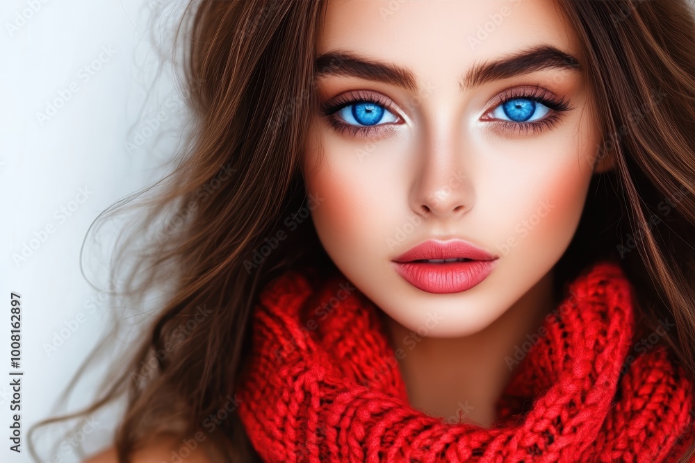 Naklejka premium Stunning portrait of woman with blue eyes red scarf