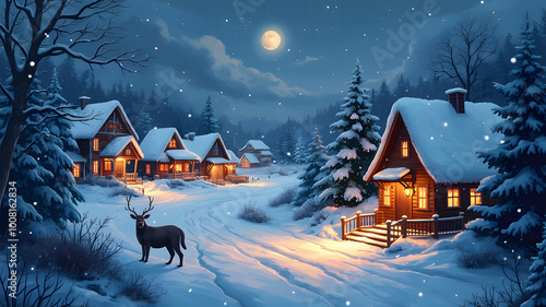 Fantasy winter christmas village with beautiful sight while night in painting style illustration. Created using generative AI technology