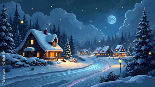 Fantasy winter christmas village with beautiful sight while night in painting style illustration. Created using generative AI technology