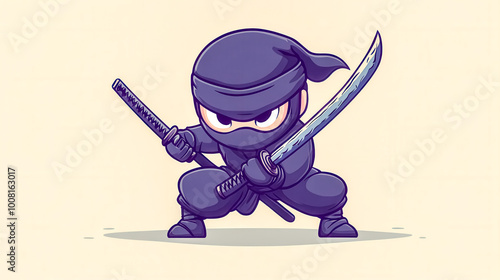 Cute ninja warrior holding two swords ready to fight photo