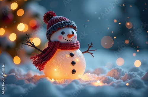 A Cheerful Snowman in a magical Winter Wonderland filled with Twinkling Lights