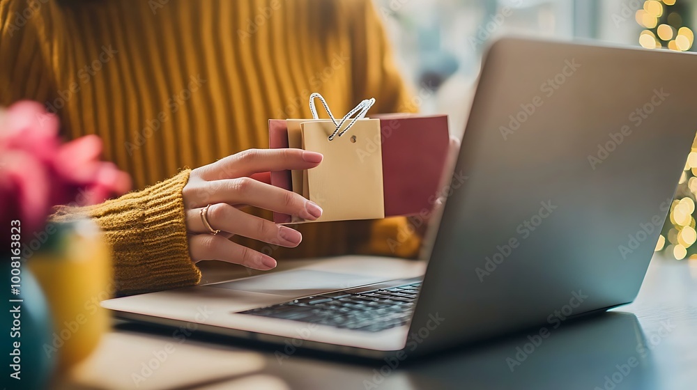 Obraz premium A person sitting at a desk, shopping online using a laptop