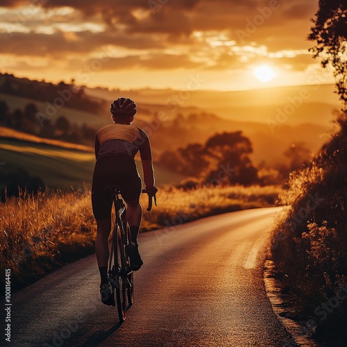 Cyclist Riding on an Open Road During Sunset, Outdoor Adventure
