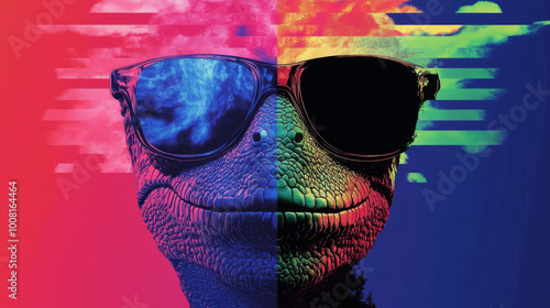 Cool lizard wearing sunglasses with a colorful background.