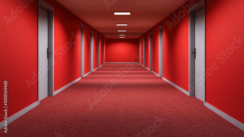 vibrant red hallway featuring multiple doors creates striking visual effect. bold color and symmetrical design evoke sense of intrigue and mystery