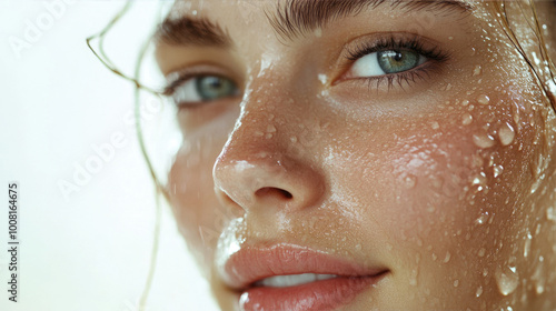 Water droplets on a woman's face, ideal for summer skincare campaigns. photo