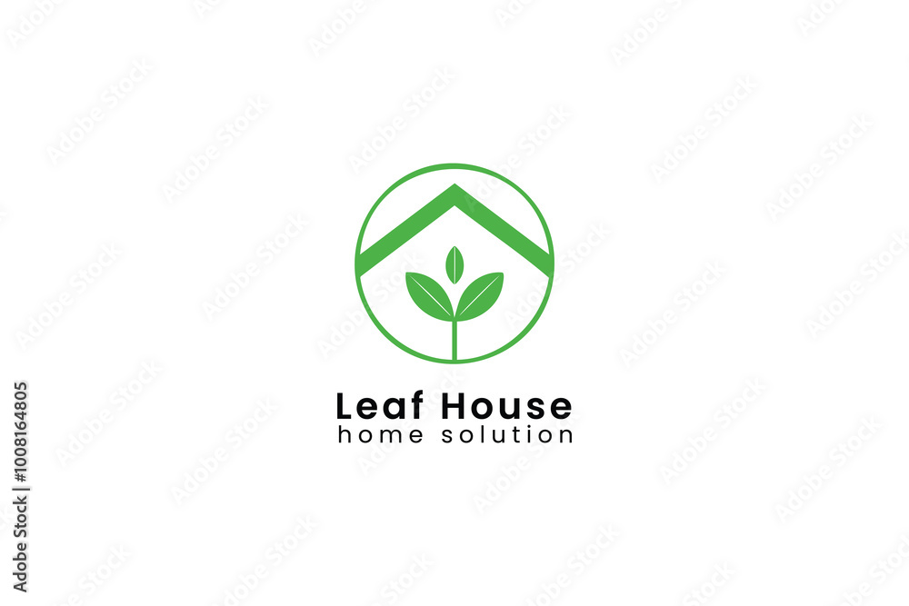 Leaf House home solution logo with green leaf and house. Leaf House home solution logo with green leaf and house.