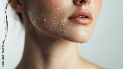 Beautiful female face with water droplets, useful for spa and relaxation marketing. photo