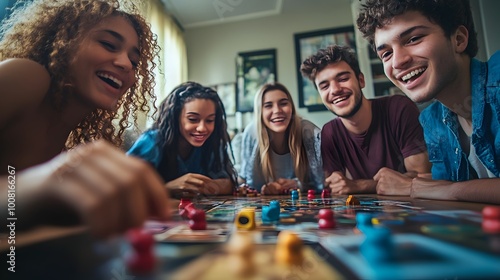 Cheerful Friends Enjoying Board Game Night in Cozy Apartment