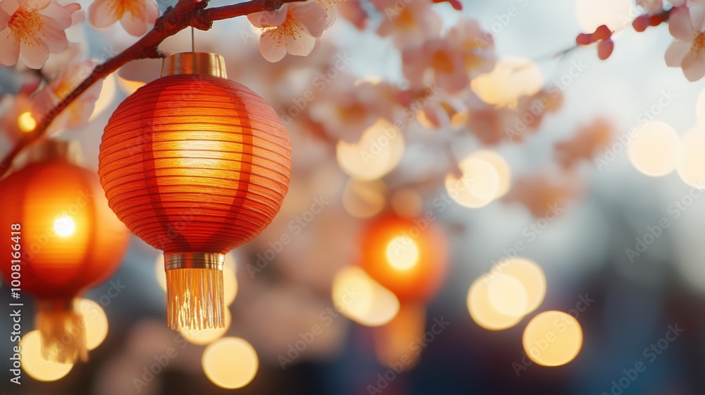 Traditional red lanterns hanging amongst blooming flowers Traditional red lanterns hanging amongst blooming flowers