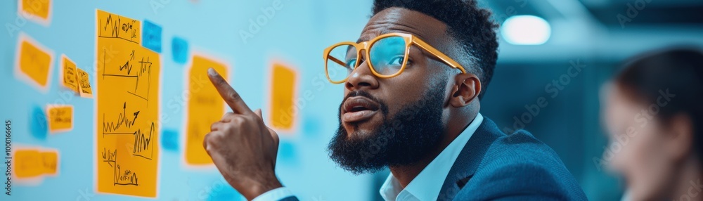 man with glasses passionately discusses ideas on sticky notes during brainstorming session, showcasing creativity and collaboration man with glasses passionately discusses ideas on sticky notes during brainstorming session, showcasing creativity and collaboration