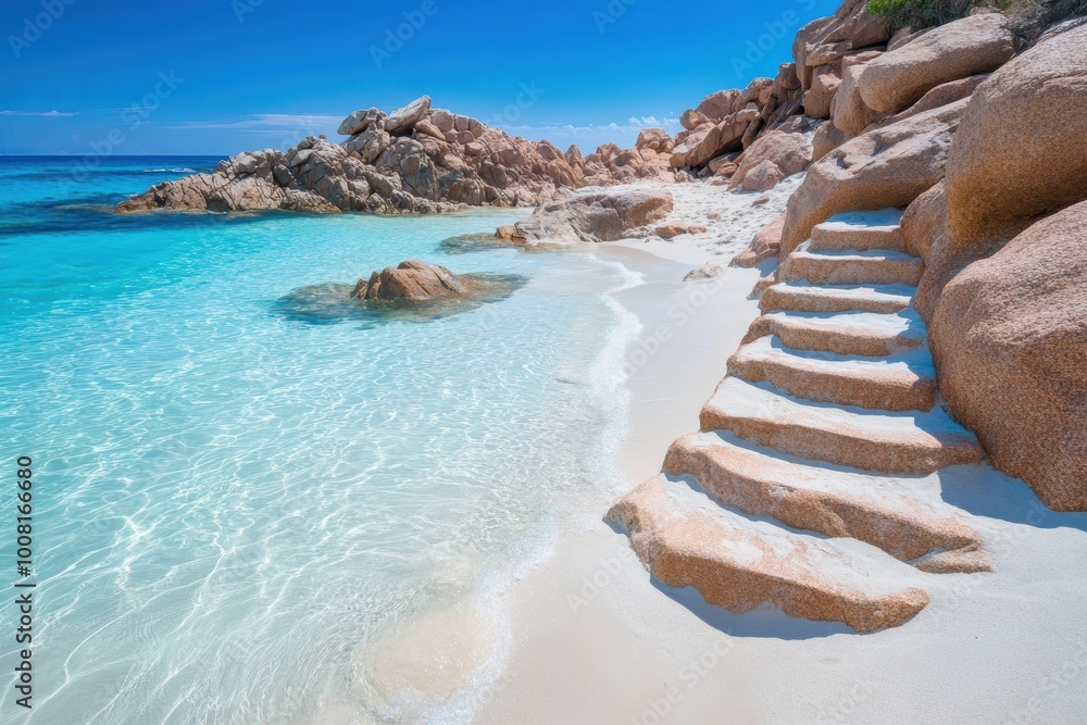 Serene tropical beach with crystal clear water steps Serene tropical beach with crystal clear water steps