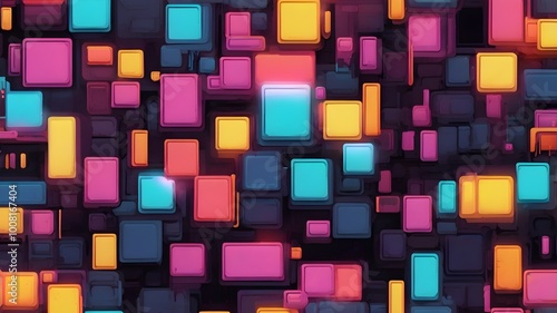 "Background with pixelated effect and glitch style in bright neon colors."