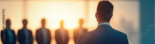 business professional delivers presentation to group of colleagues, with warm sunset illuminating scene, creating motivational atmosphere