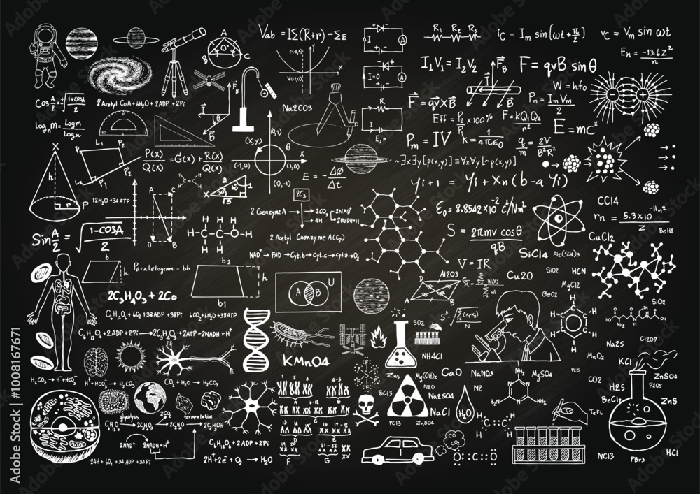 Fototapeta premium Hand drawn science on chalkboard. Vector illustration.