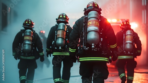 Heroic Firefighter Team Rushing to Emergency Scene in Protective Gear