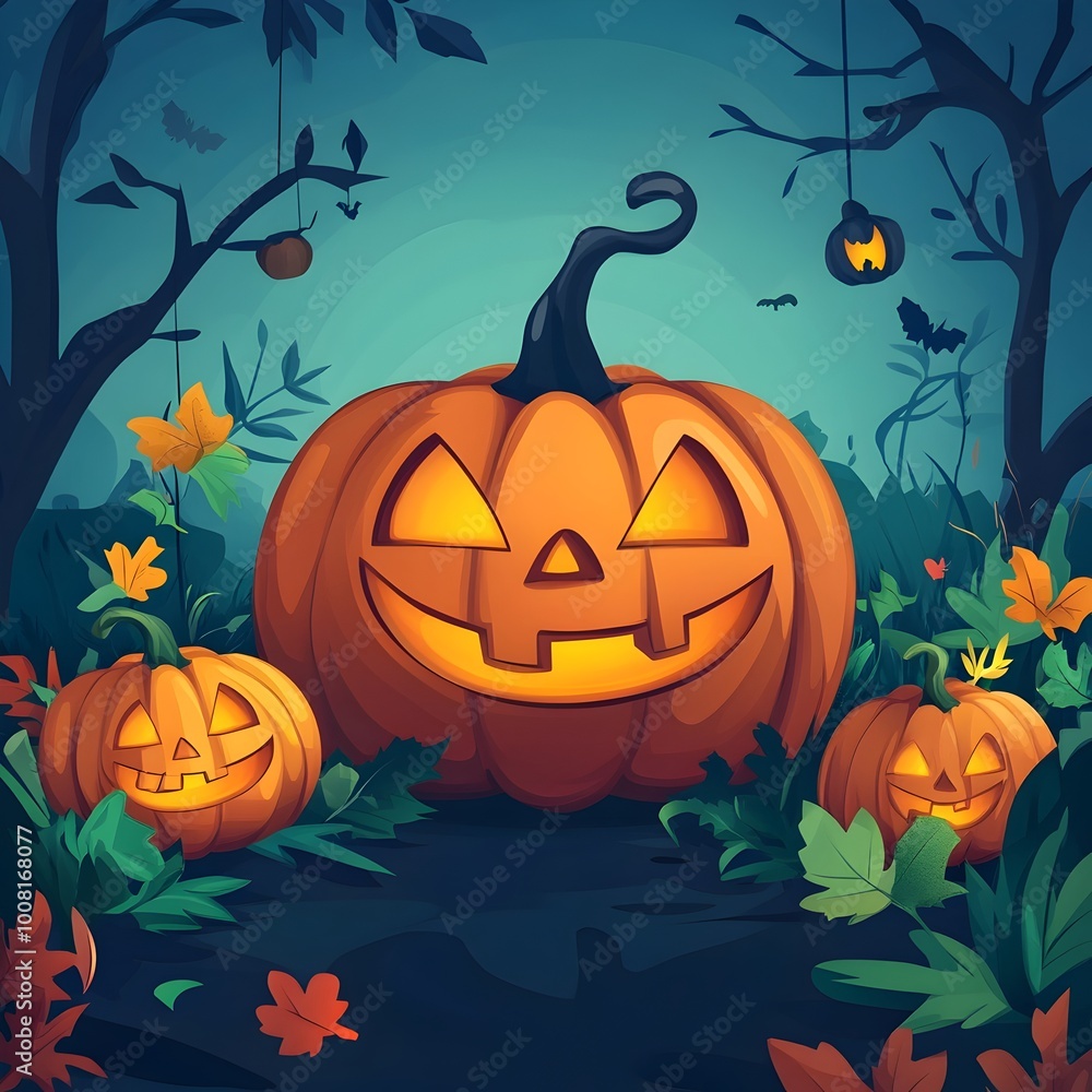 Enchanting Halloween Pumpkin Lanterns in Spooky Autumn Forest Scene with Whimsical Creatures Enchanting Halloween Pumpkin Lanterns in Spooky Autumn Forest Scene with Whimsical Creatures