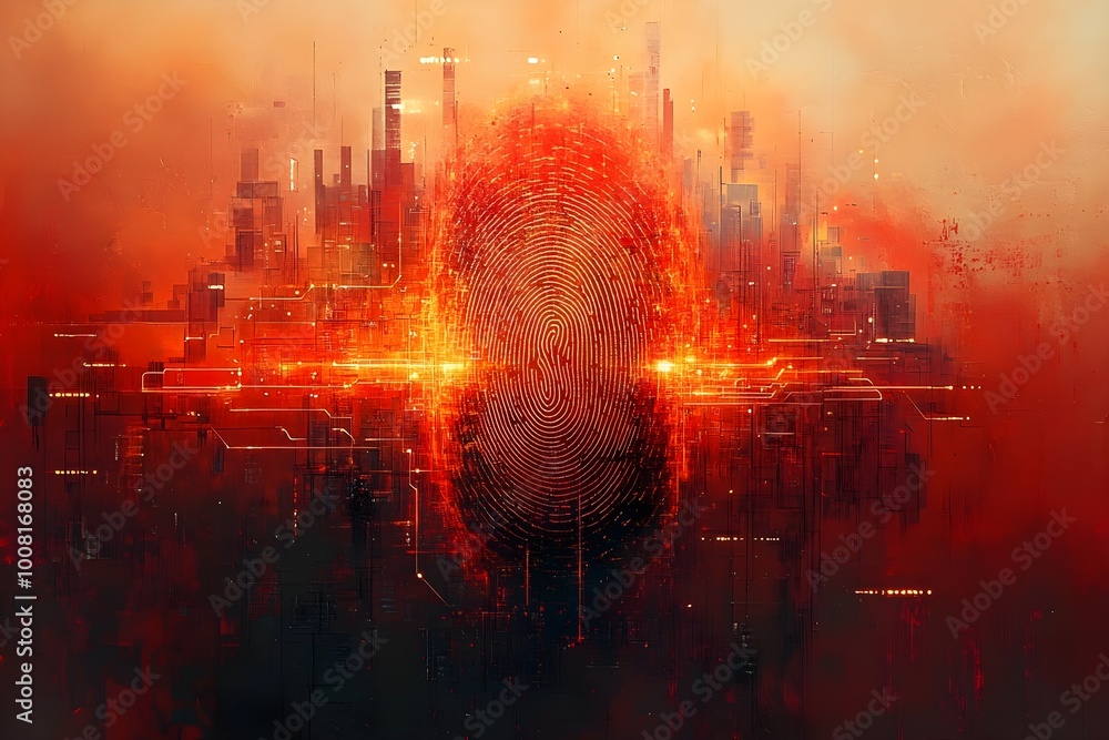 Featuring a large, stylized fingerprint at the center, serving as the focal point of the artwork Featuring a large, stylized fingerprint at the center, serving as the focal point of the artwork