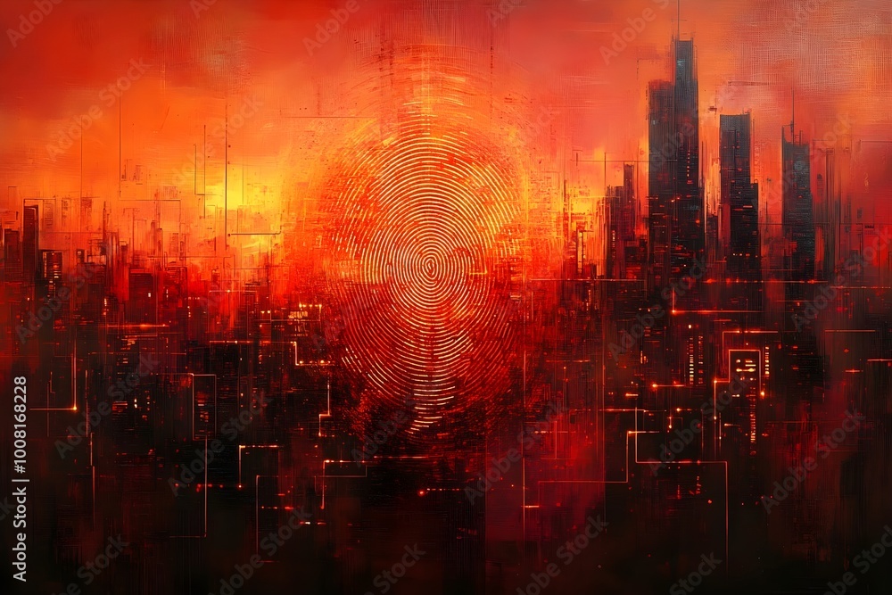 Featuring a large, stylized fingerprint at the center, serving as the focal point of the artwork Featuring a large, stylized fingerprint at the center, serving as the focal point of the artwork
