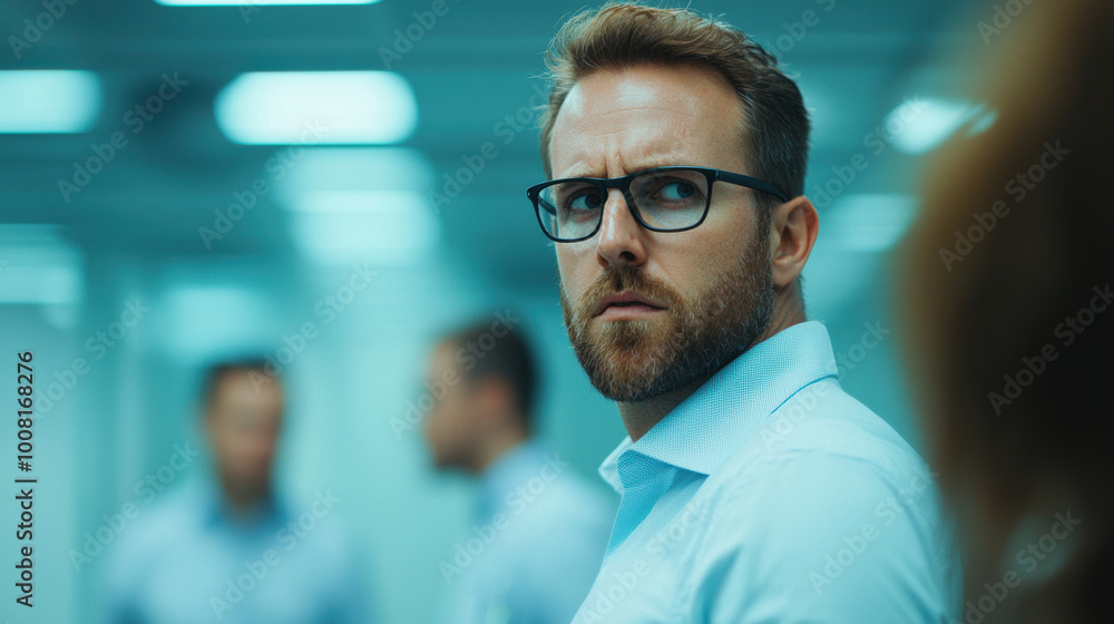 focused man in office setting, wearing glasses and light blue shirt, appears deep in thought. background features blurred colleagues, enhancing professional atmosphere focused man in office setting, wearing glasses and light blue shirt, appears deep in thought. background features blurred colleagues, enhancing professional atmosphere