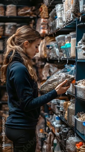 Woman Browsing and Examining Products on Shelves in a Retail Store