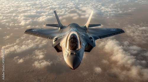 Lockheed martin f-35 lightning ii is flying over a desert landscape with clouds