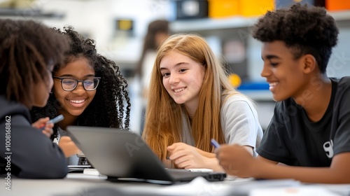 Group of diverse students collaborating on laptops in classroom