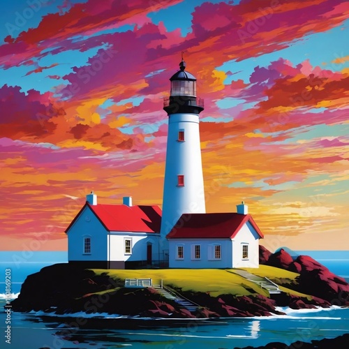 A painting of a lighthouse on a rocky shore. Beautiful picture of landscape
