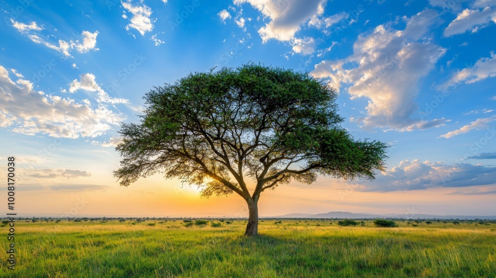 Lone Tree Against Vibrant Sunset Sky in Tranquil Nature Lone Tree Against Vibrant Sunset Sky in Tranquil Nature