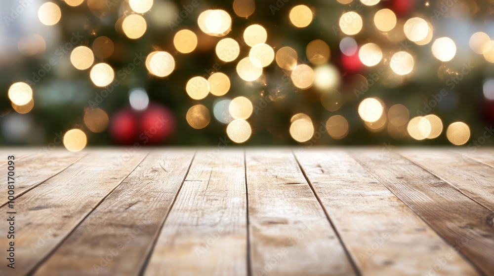 Festive wooden table with warm holiday bokeh lights background Festive wooden table with warm holiday bokeh lights background