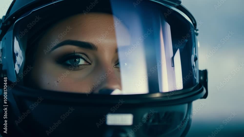 Close-up of a woman's eyes behind a reflective motorcycle helmet visor Close-up of a woman's eyes behind a reflective motorcycle helmet visor