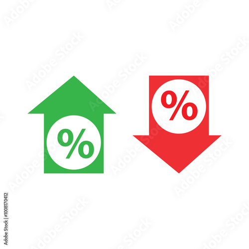 Percent arrow icon. Growth, increase, decrease arrow filled icons. Up arrows, down arrows. Vector